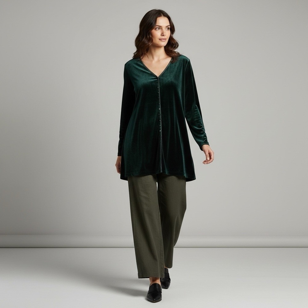 VTG 90s Jacqueline Ferrar Velvet Tunic Blouse L/S Button V-Neck Green Fairy 18